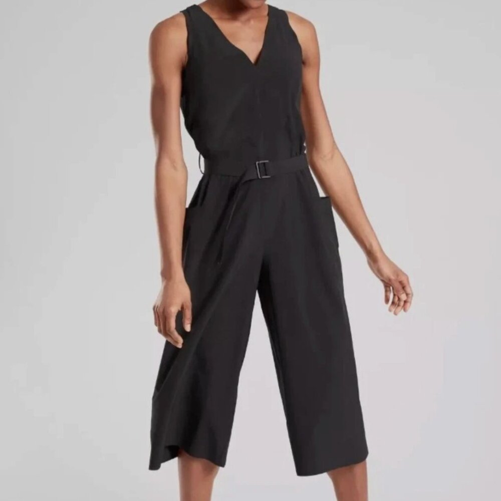 Athleta Womens Sarasota Wide Leg Cropped Belted Black Jumpsuit Pockets Size M